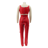 Women's Sexy Fashionable High Stretch Pu Leather Vest Cargo Pants Two Piece Set