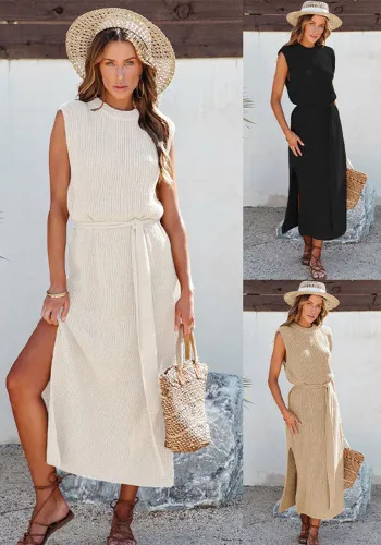 Spring Spring Solid Color Round Neck  Slit  Fashion Knitting Dress