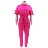 Women Solid Short Sleeve Shirt Collar Lace-Up Casual Jumpsuit