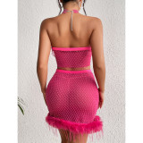 Women's Fishnet See-Through Sexy Halter Neck Vest Plush Skirt 2-Piece Set