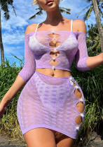Women's Light Purple Pearl Lace Sexy See-Through Ripped Two-Piece Skirt Set