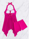 Halter Neck Solid Color Mesh Patchwork Low Back Lace-Up Dress Square Leg Shorts Two-Piece Swimsuit