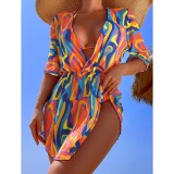 Short-Sleeved Sun Protection Mesh Cover-Up Two Piece Bikini Three Piece Swimsuit