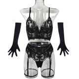 Women mesh embroidered v-neck sexy lingerie gloves five-piece set