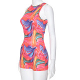 Women's Summer Fashion Multi-Color Printed Back Hollow Round Neck Sleeveless Short Jumpsuit