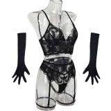 Women mesh embroidered v-neck sexy lingerie gloves five-piece set