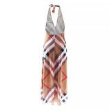 Women Sexy V-Neck Halter Neck Lace-Up Striped Print Sleeveless Casual Dress