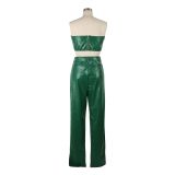 Women's Strapless Pu Leather Top And Pants Sexytwo-Piece Set