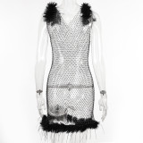 Women's See-Through Sexy V-Neck Strap Sparkling Diamonds Fur Fishnet Dress