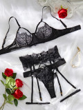 Women lace embroidered hollow Lace-Up sexy lingerie four-piece set