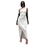 Women's Summer Solid Color Casual Slash One Shoulder Sleeveless Slim Long Dress