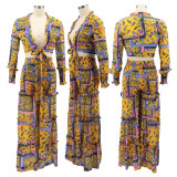 Women chiffon irregular printed long-sleeved top and wide-leg pants Casual two-piece set