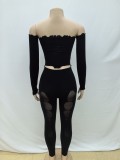 Spring Solid Off Shoulder Long Sleeve Crop Top Ripped Tight Fitting Pant Sexy Two Piece Set