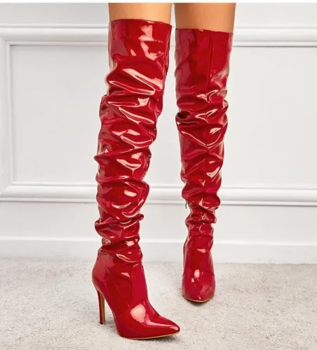 Women Pointed Toe Pu Leather Tall Black Zip Stiletto Boots