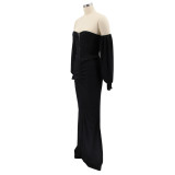Women Solid Corset Sexy Long Sleeve Slit Party Dress