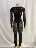 Women's Spring Solid Color Round Neck Lace Hollow Slim Sexy Long-Sleeved One-Piece Knitting Jumpsuit