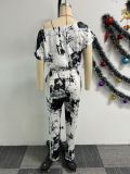 Women Sexy Printed Short Sleeve Off Shoulder Stretch Jumpsuit