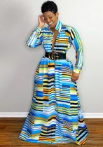Women Irregular Print Turndown Collar Long Sleeve Maxi Dress