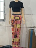 Women's Short Sleeve Round Neck Cop T-Shirt Multicolor Printed Pants Two Piece Set