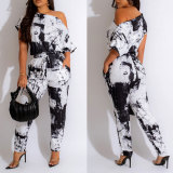 Women Sexy Printed Short Sleeve Off Shoulder Stretch Jumpsuit