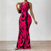 Spring Printed Sleeveless Women's Slim Long Dress
