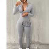 Spring Summer Women's Solid Color Long Sleeve  Tight Fitting Zipper Jumpsuit