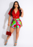 Women's V-Neck Double-Breasted Short-Sleeved Blazer Printed Shorts Two-Piece Set