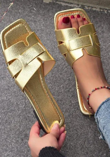 Plus Size Leather Patchwork Women's Slippers Flat Square Toe Women's Sandals