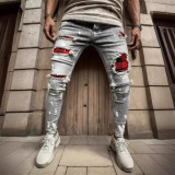 Men Low Waist Tight Fitting Patch Ripped Nine Points Denim Pants