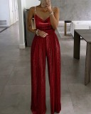 Women's Summer Simulated Pearl Strap Pleated Jumpsuit