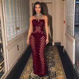 Fashion Women's Clothing Sexy Velvet Ripped Tight Fitting Strap Long Dress