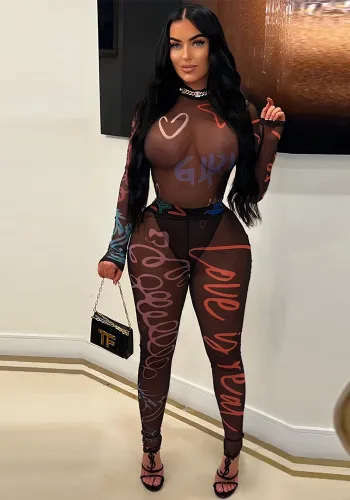 Women's Summer Print See-Through Mesh Tight Fitting Bodysuit Pants Two Piece Set