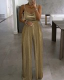 Women's Summer Simulated Pearl Strap Pleated Jumpsuit