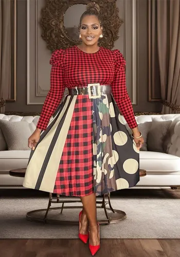 Africa Plus Size Women's Pleated Printed Skirt Long Sleeve Top Two Piece Set
