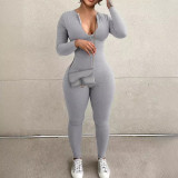 Spring Summer Women's Solid Color Long Sleeve  Tight Fitting Zipper Jumpsuit
