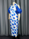 Chic  Shoulder Cutout Puff Sleeve Polka Dot Printed Party Dress