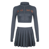 Casual Women's Letter Embroidery Rib Zipper Long Sleeve Top Pleated Short Skirt Two Piece Set