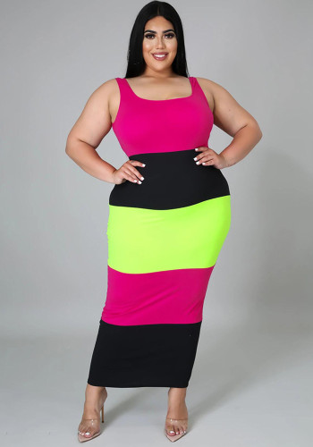 Multicolor Patchwork Plus Size U Neck Strappy Women's Sleeveless Long Dress