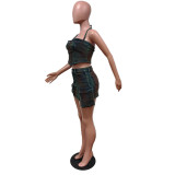 Sexy Halter Strapless Pocket Stretch Two Piece Denim Skirt Set