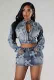 Women's Clothing Trendy Fashion Patch Denim Two Piece Skirt Set