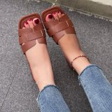 Plus Size Leather Patchwork Women's Slippers Flat Square Toe Women's Sandals