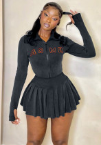 Casual Women's Letter Embroidery Rib Zipper Long Sleeve Top Pleated Short Skirt Two Piece Set