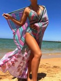 Women's Sexy Crossover High Waist Two Pieces Bikini Swimsuit Long Sun Protection Cover-Up Three Piece Set