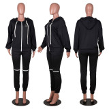 Women's Casual Knee Ripped Hooded Two-Piece Pants Set