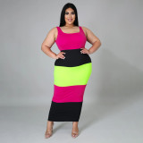 Multicolor Patchwork Plus Size U Neck Strappy Women's Sleeveless Long Dress