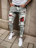 Men Low Waist Tight Fitting Patch Ripped Nine Points Denim Pants