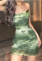 Summer Fashion Sexy Tie Dye Print Low Back Strap Ruched Bodycon Dress