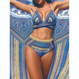 Women's Sexy Crossover High Waist Two Pieces Bikini Swimsuit Long Sun Protection Cover-Up Three Piece Set