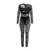 Women Sexy Black Lace Pattern Hollow Round Neck See-Through Jumpsuit