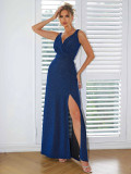 Women Sleeveless Backless Lace-Up Evening Gown with Diagonal Slit